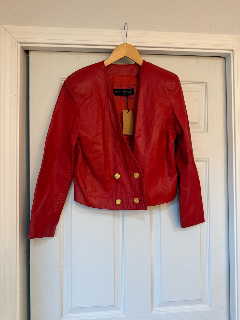 Dana Brooke 80s Red Leather Double-Breasted Cropped Jacket Vintage